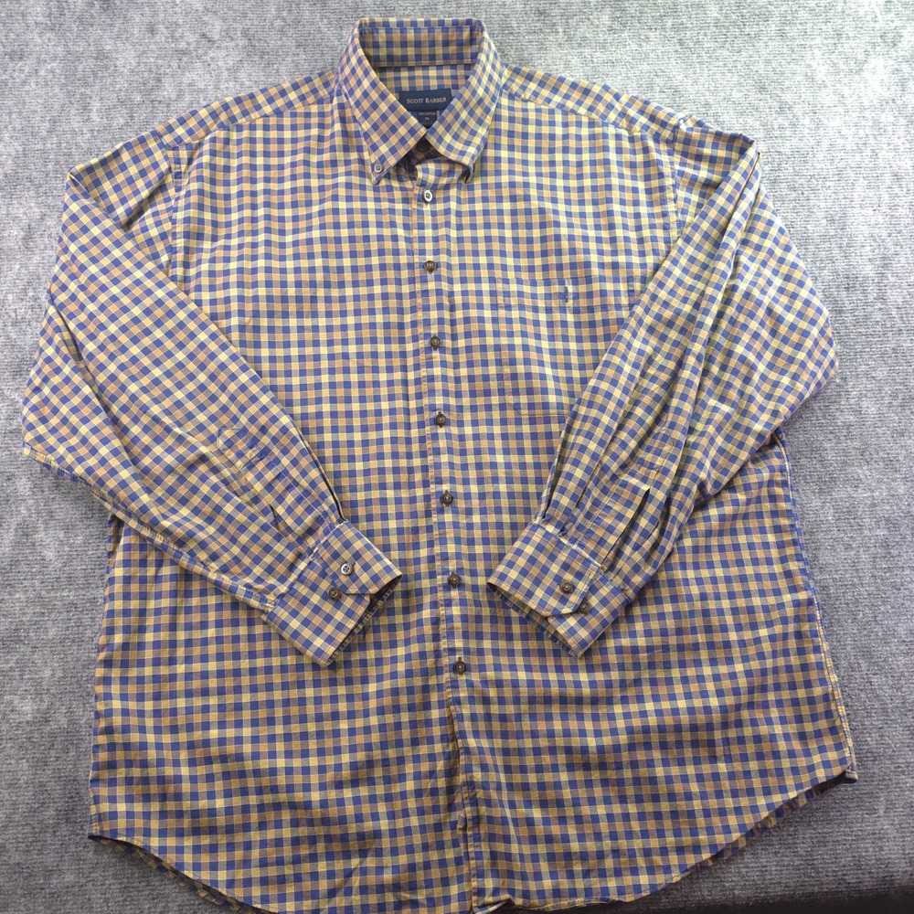 Scott Barber Shirt XL Yellow Blue Check Long Sleeve Button‎ Down Cotton Pocket